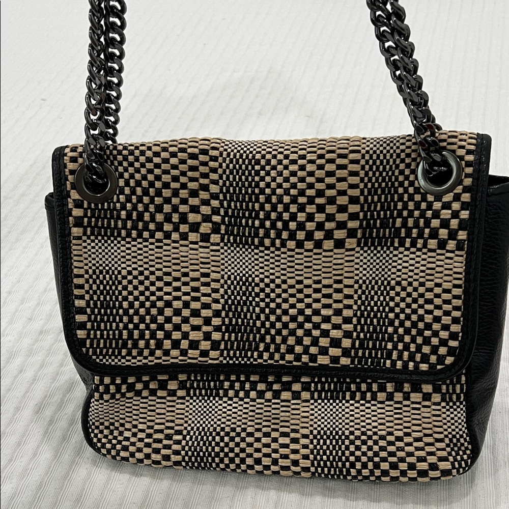 Made in Italy leather and straw Black and Tan Plaid Pattern Bag.